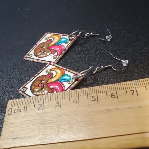 Unique weirdcore jester clown teddy bear diamond-shaped silver earrings - Picture 10 of 14